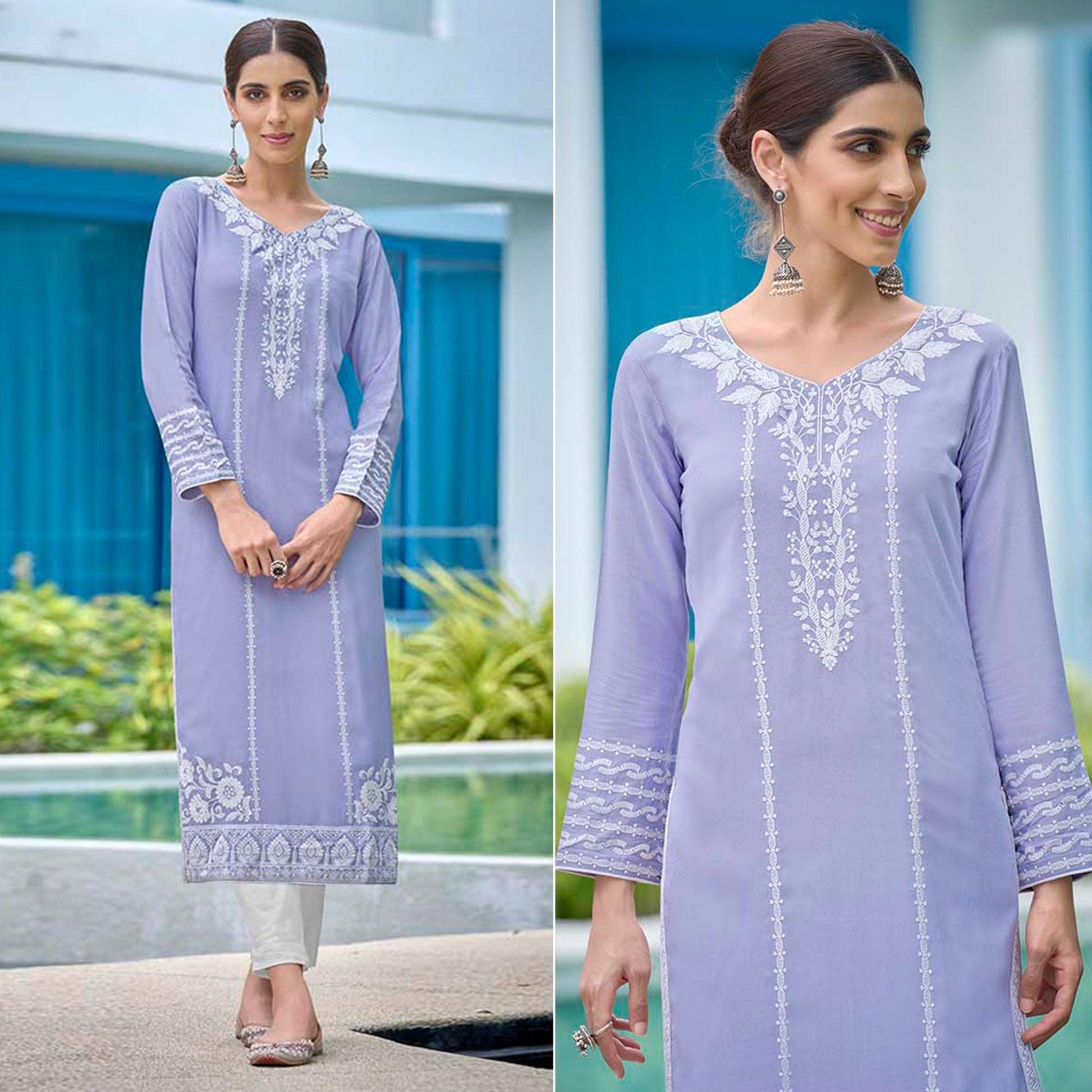 Lavender Lucknowi Embroidered Rayon Kurti