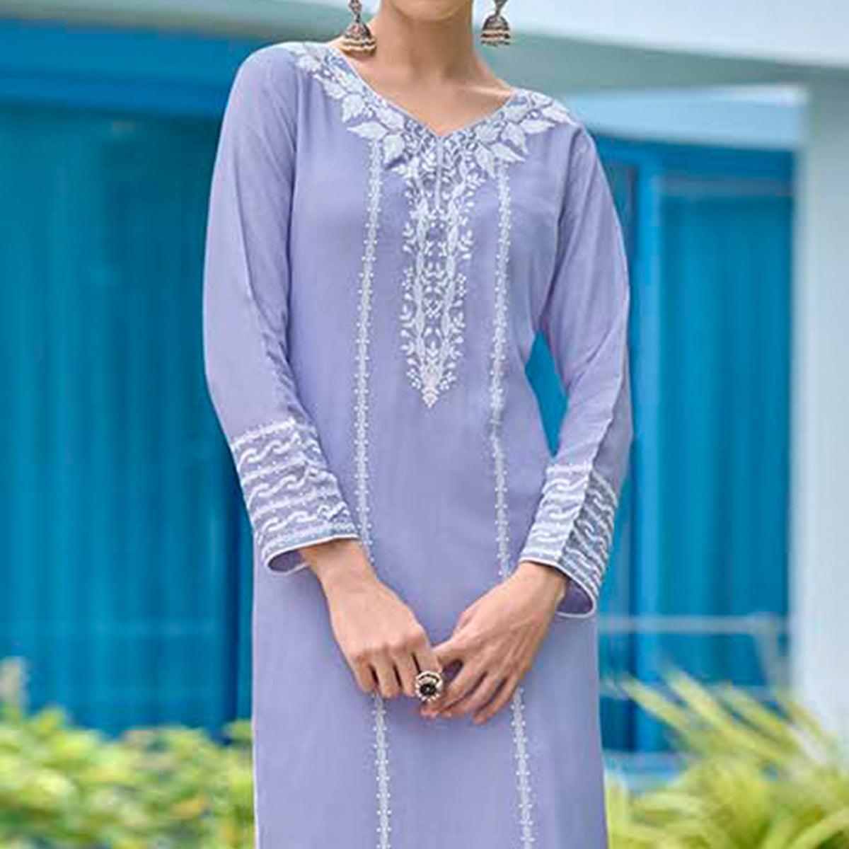 Lavender Lucknowi Embroidered Rayon Kurti
