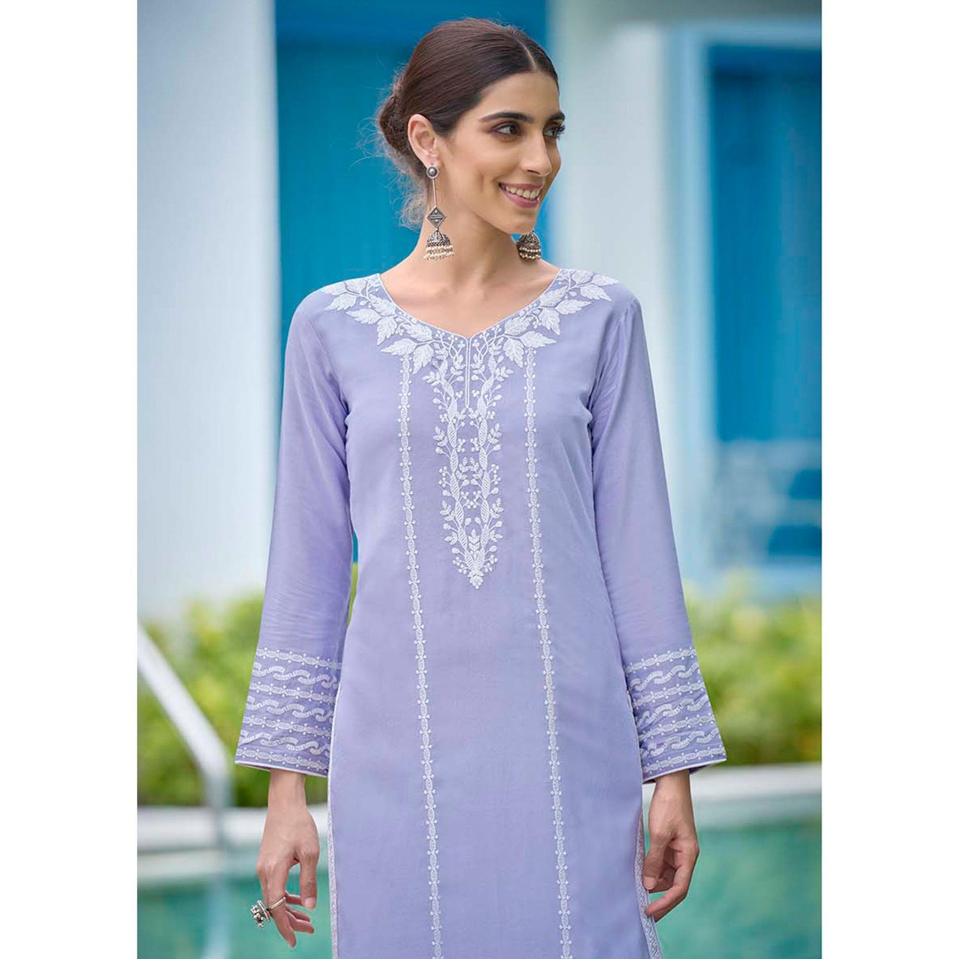 Lavender Lucknowi Embroidered Rayon Kurti