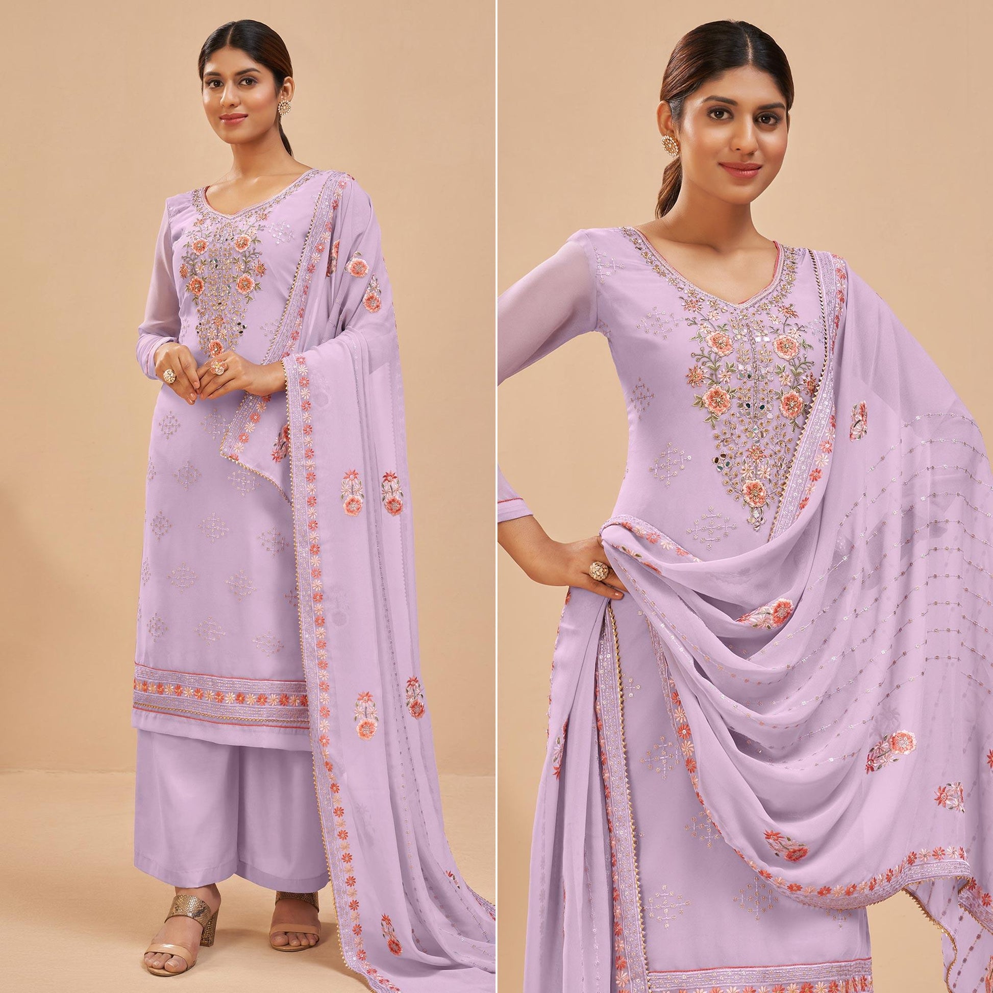 Lavender Party Wear Embroidered Georgette Suit