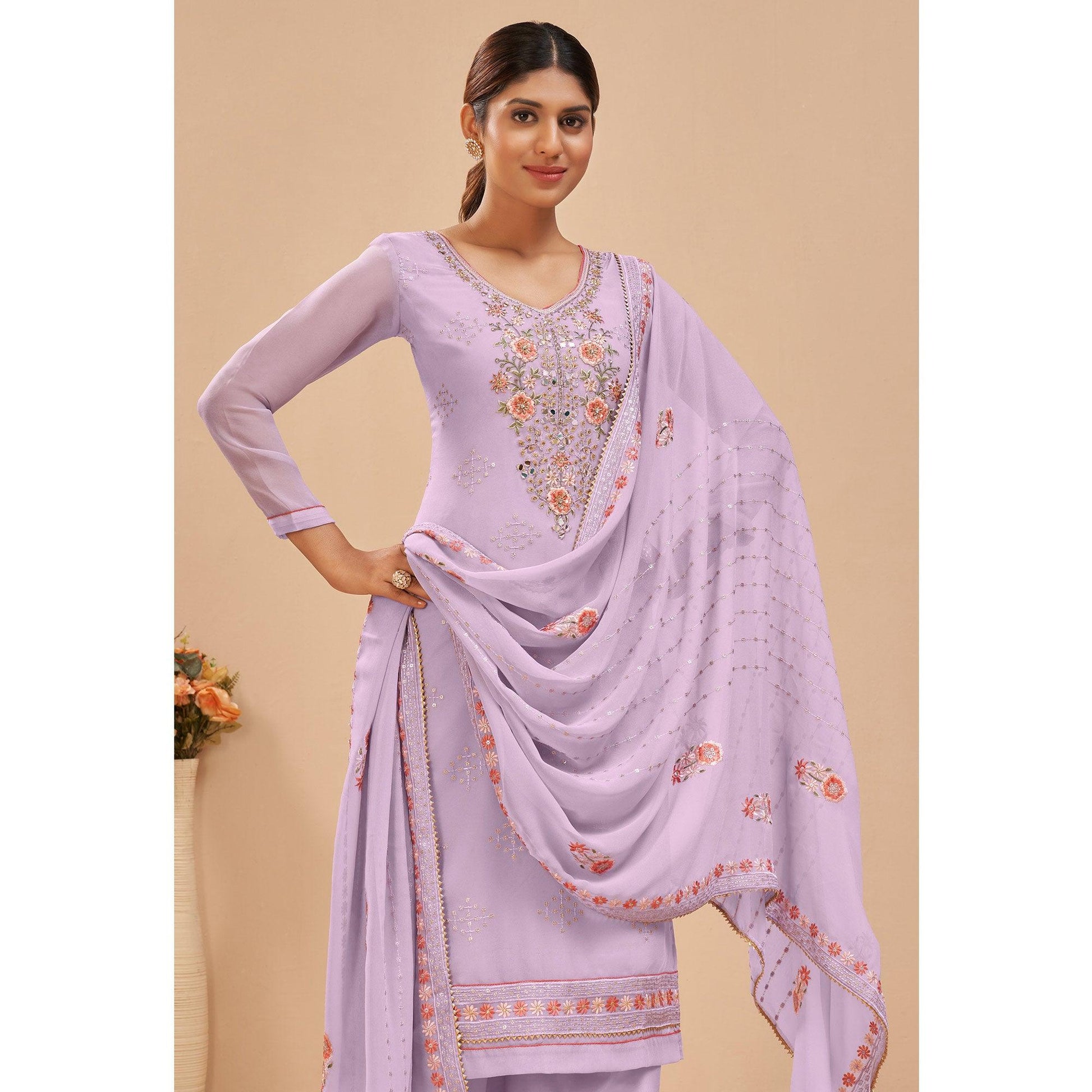Lavender Party Wear Embroidered Georgette Suit