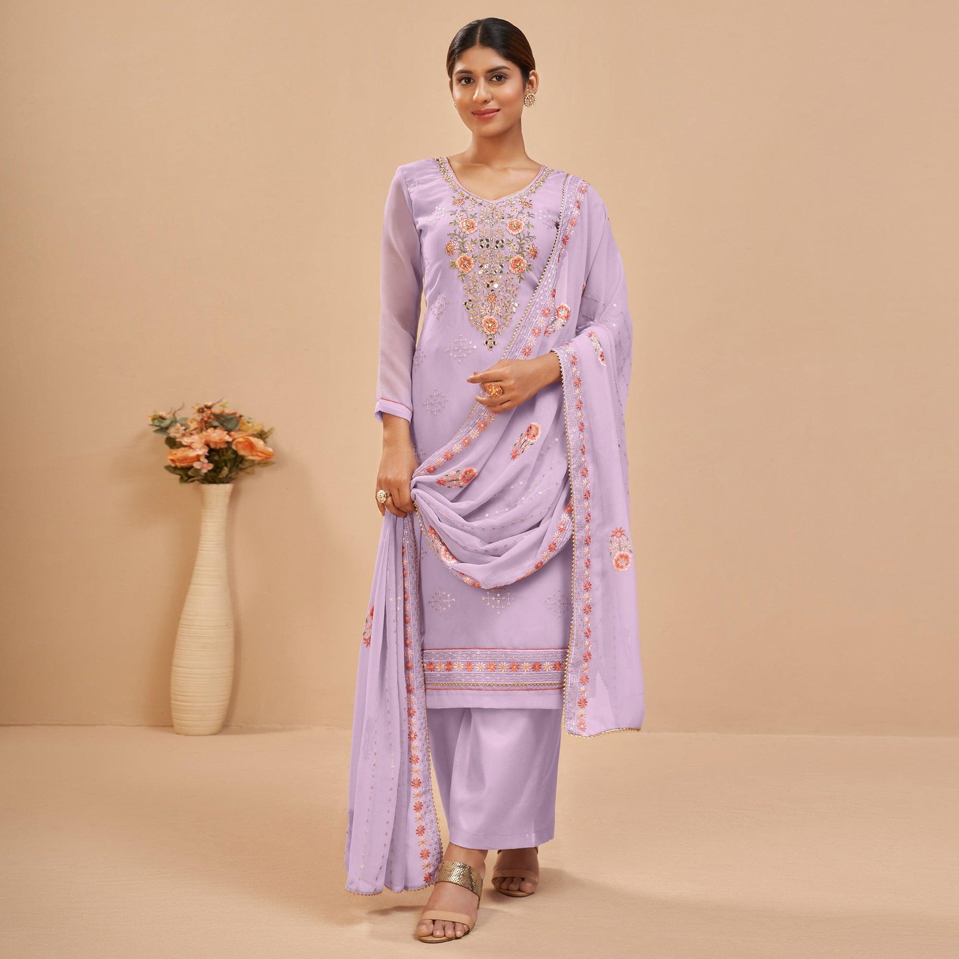 Lavender Party Wear Embroidered Georgette Suit