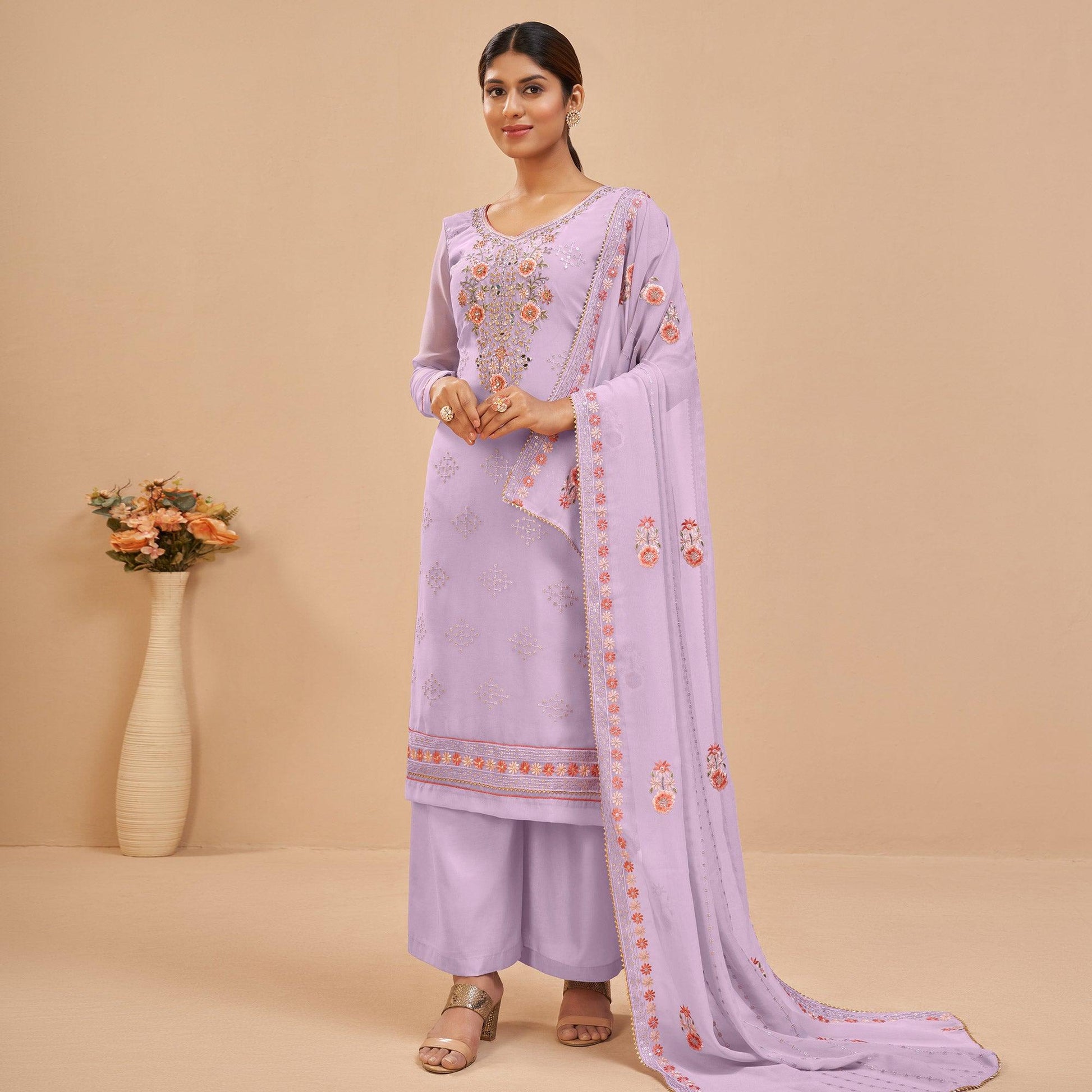 Lavender Party Wear Embroidered Georgette Suit