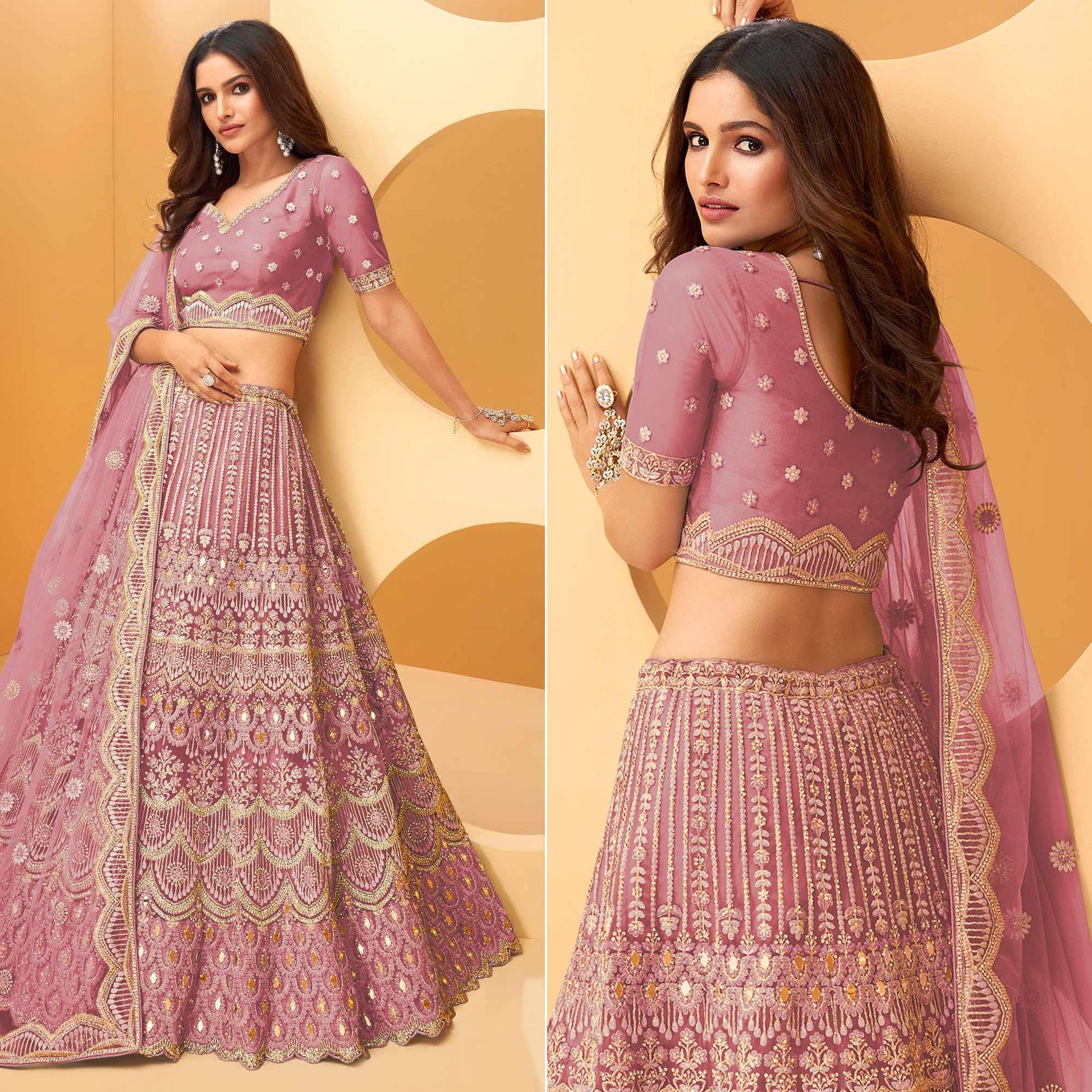 Lavender Party Wear Embroidered Net Lehenga Choli