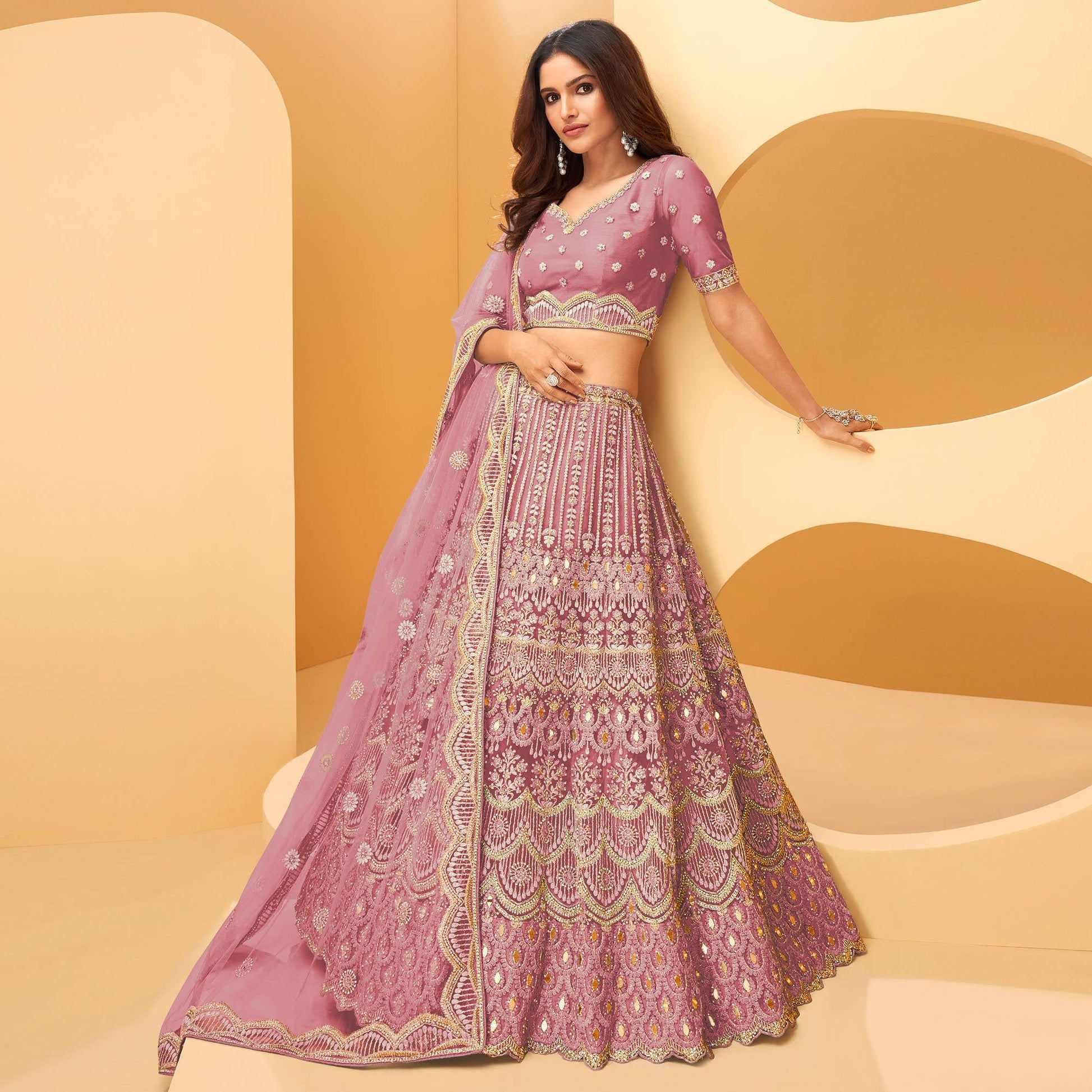 Lavender Party Wear Embroidered Net Lehenga Choli