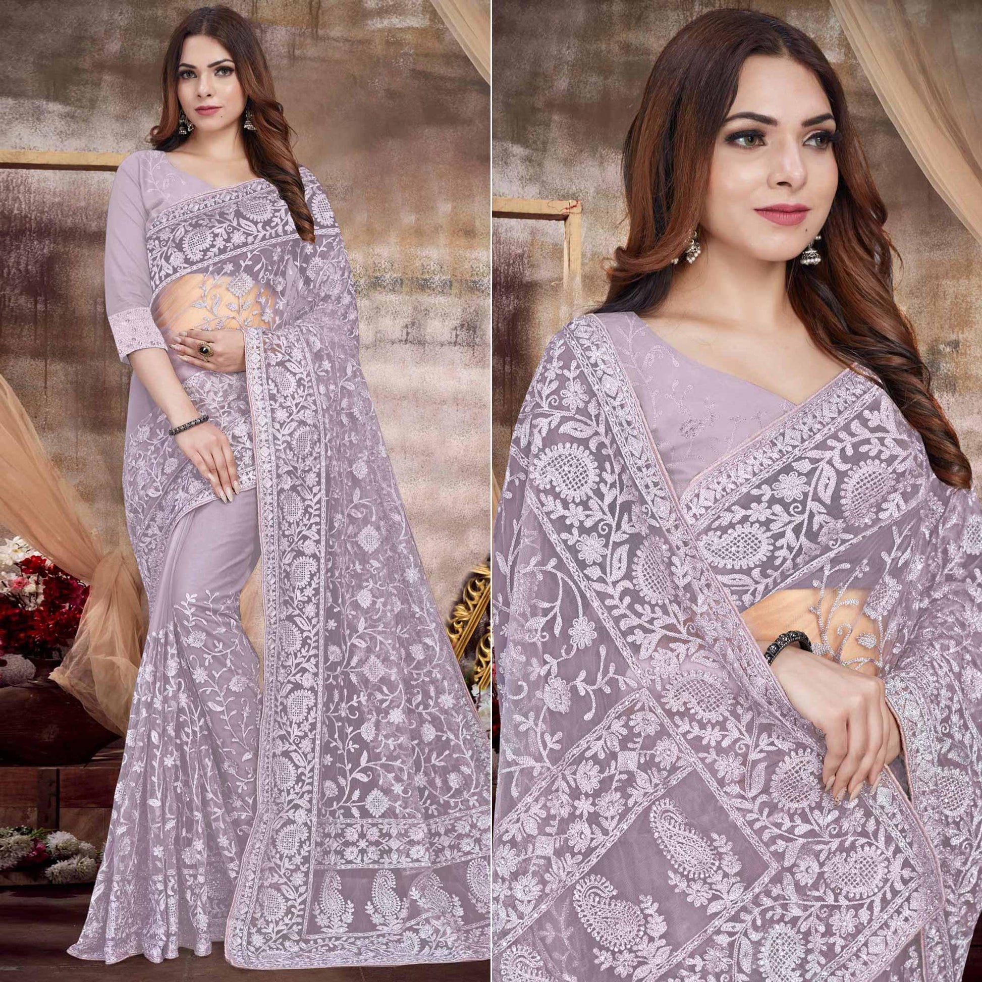 Lavender Partywear Embroidery With Embellished Net Saree