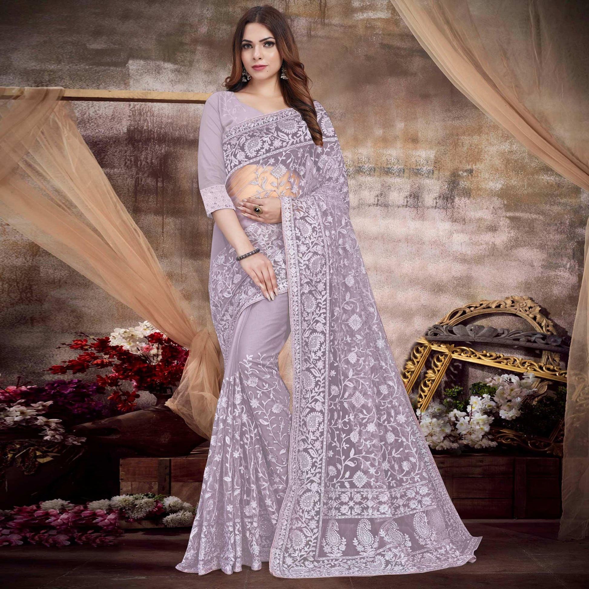 Lavender Partywear Embroidery With Embellished Net Saree