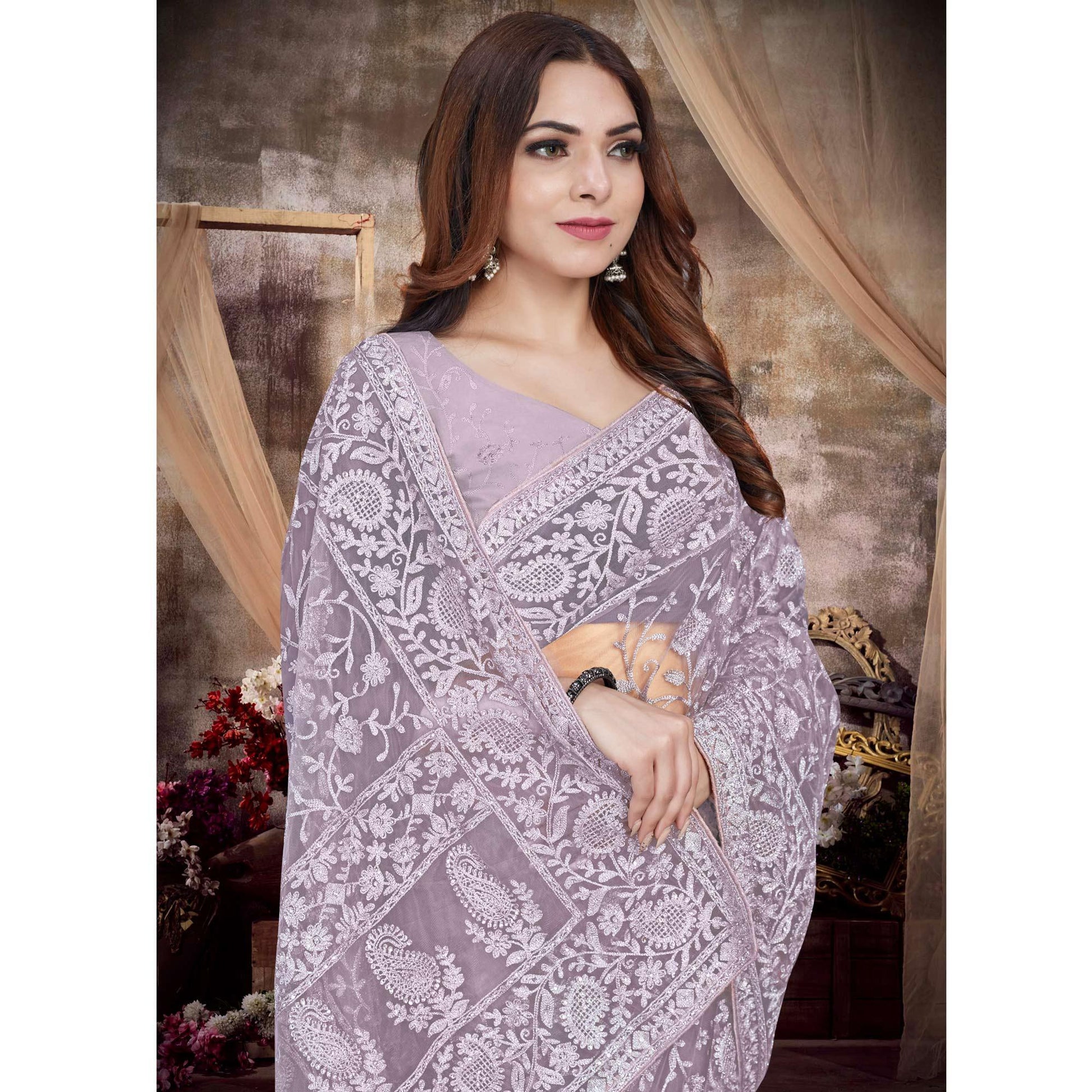 Lavender Partywear Embroidery With Embellished Net Saree