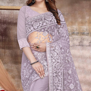 Lavender Partywear Embroidery With Embellished Net Saree
