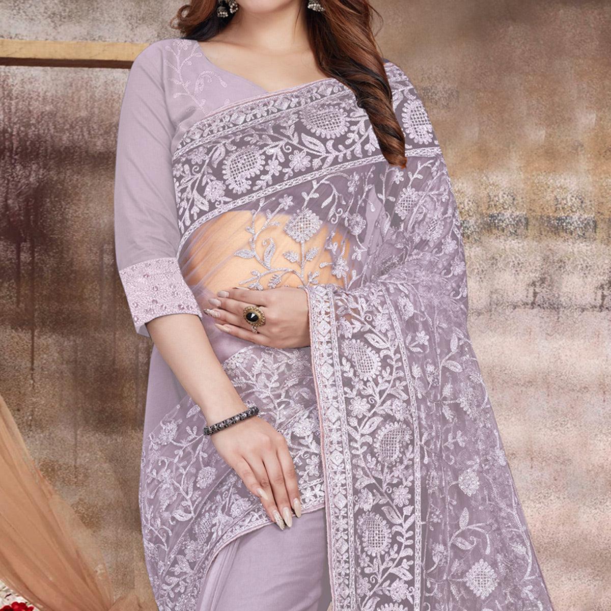 Lavender Partywear Embroidery With Embellished Net Saree
