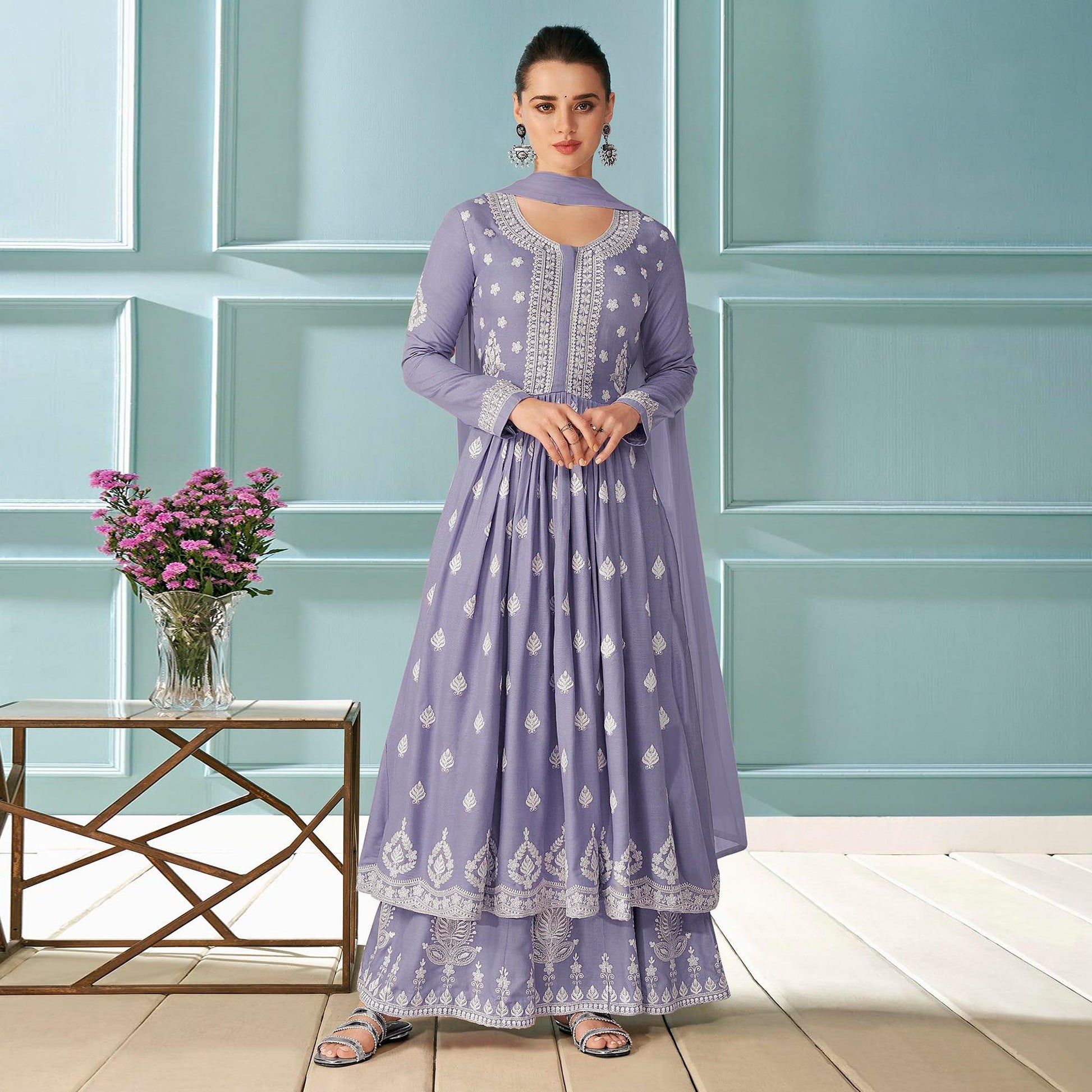 Lavender  Partywear Floral Embroidered Rayon Palazzo Suit