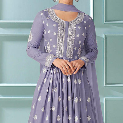 Lavender  Partywear Floral Embroidered Rayon Palazzo Suit