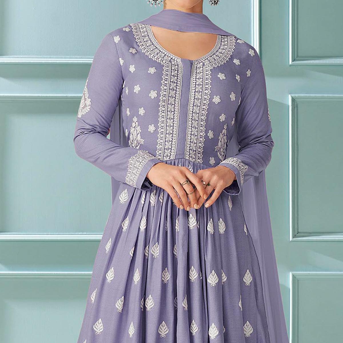 Lavender  Partywear Floral Embroidered Rayon Palazzo Suit
