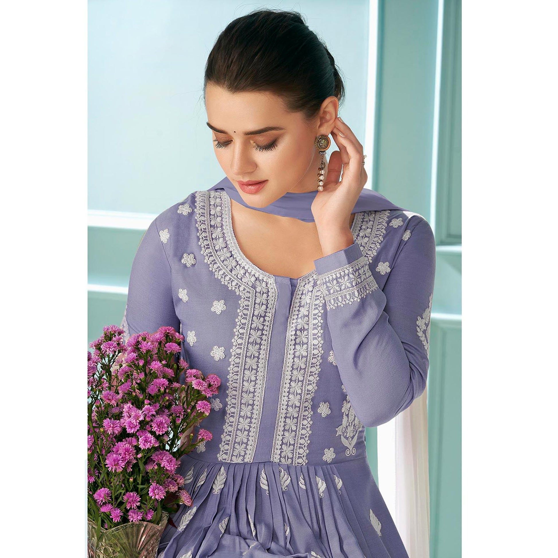 Lavender  Partywear Floral Embroidered Rayon Palazzo Suit