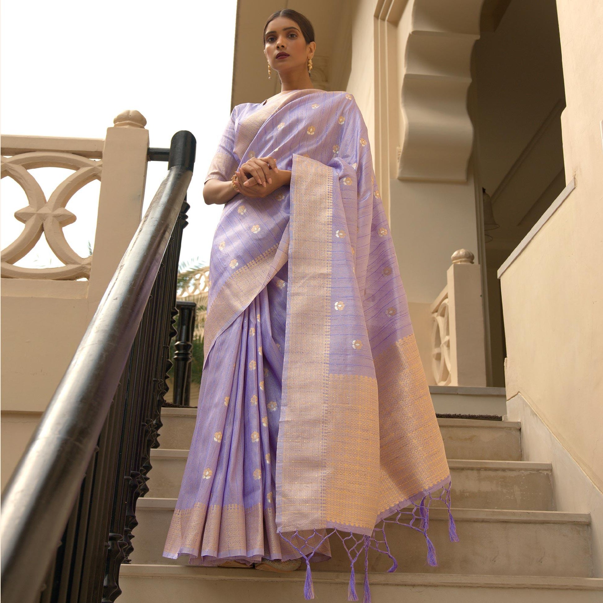 Lavender Partywear Sequins Woven Silk Saree