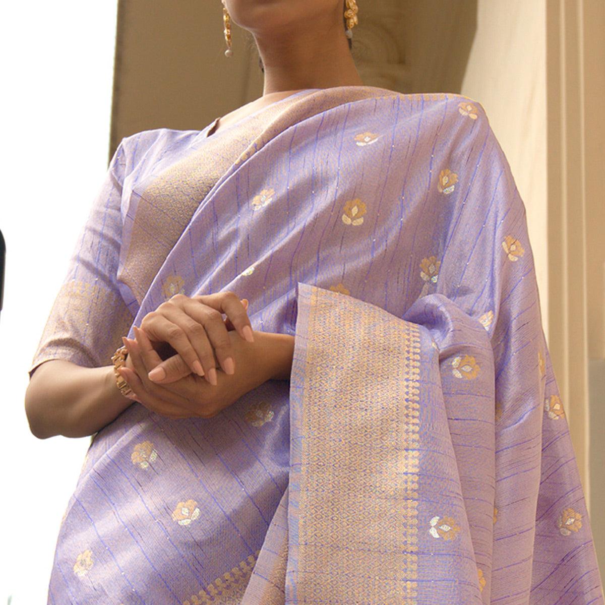 Lavender Partywear Sequins Woven Silk Saree