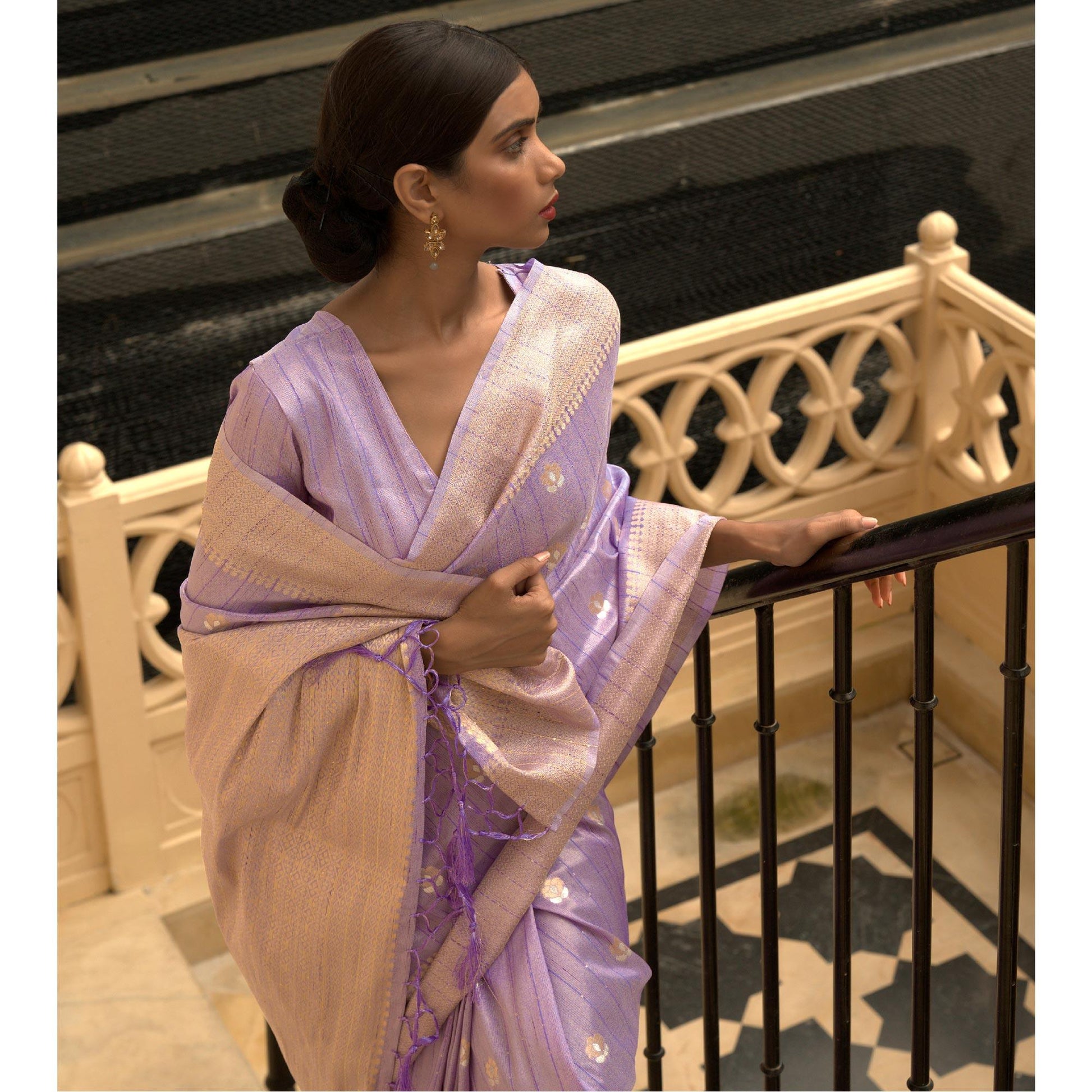 Lavender Partywear Sequins Woven Silk Saree