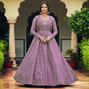Lavender Sequins Embroidered Pure Cotton Gown With Koti