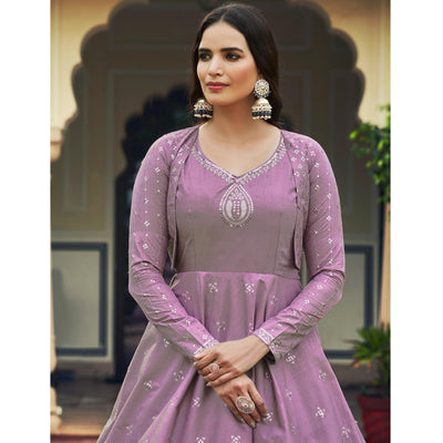 Lavender Sequins Embroidered Pure Cotton Gown With Koti