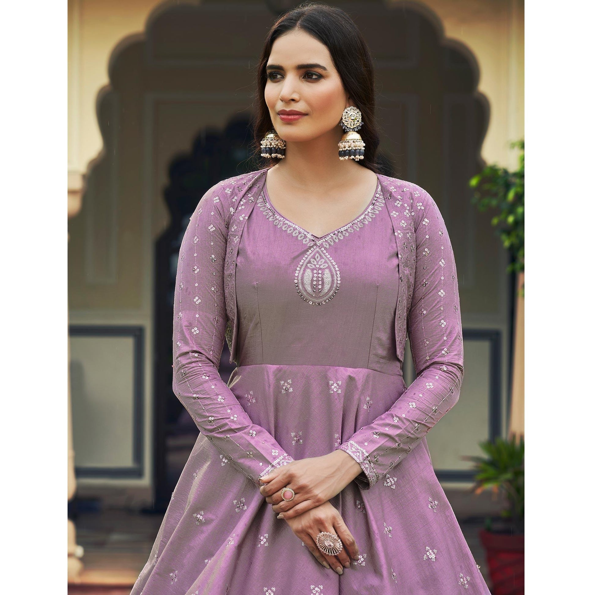 Lavender Sequins Embroidered Pure Cotton Gown With Koti