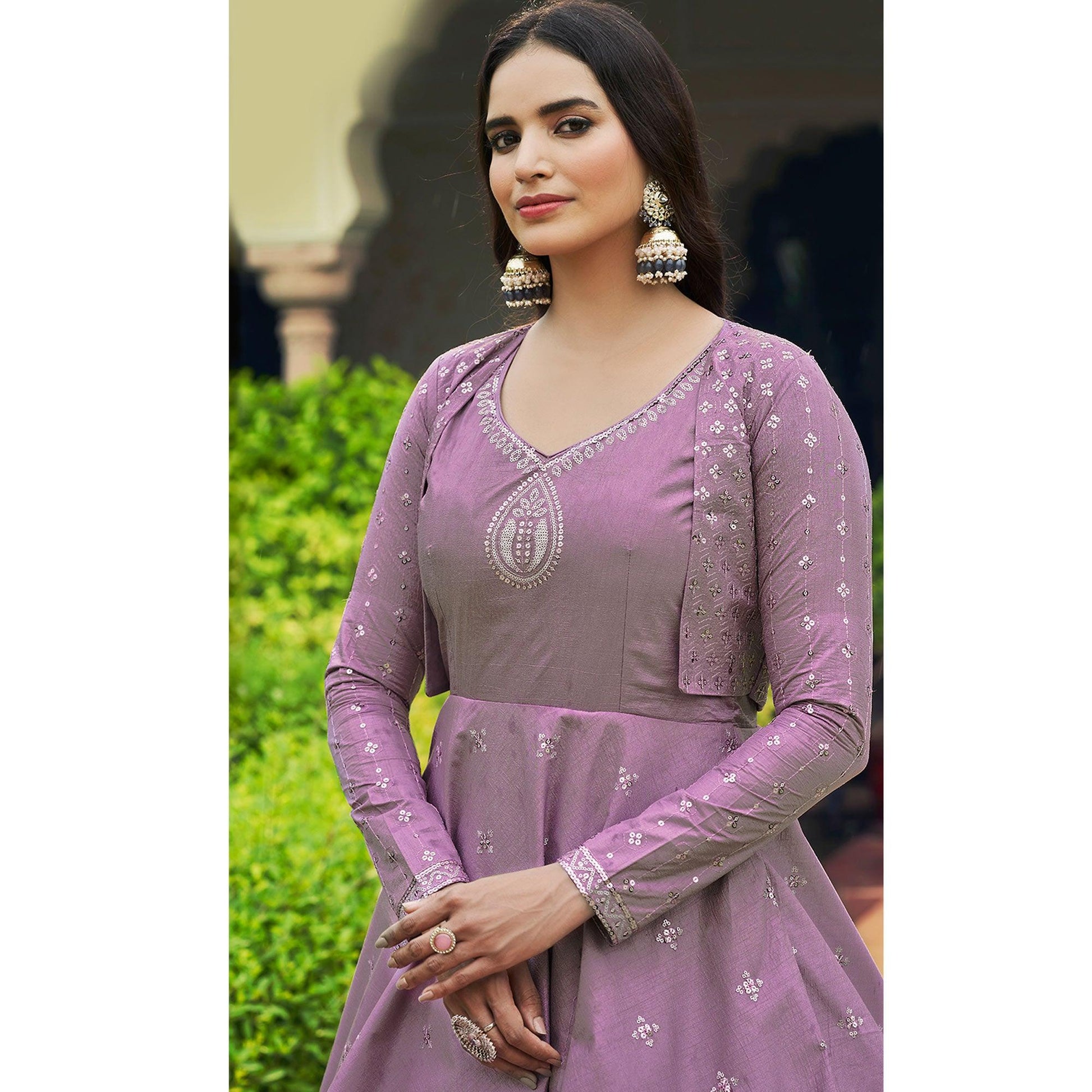 Lavender Sequins Embroidered Pure Cotton Gown With Koti