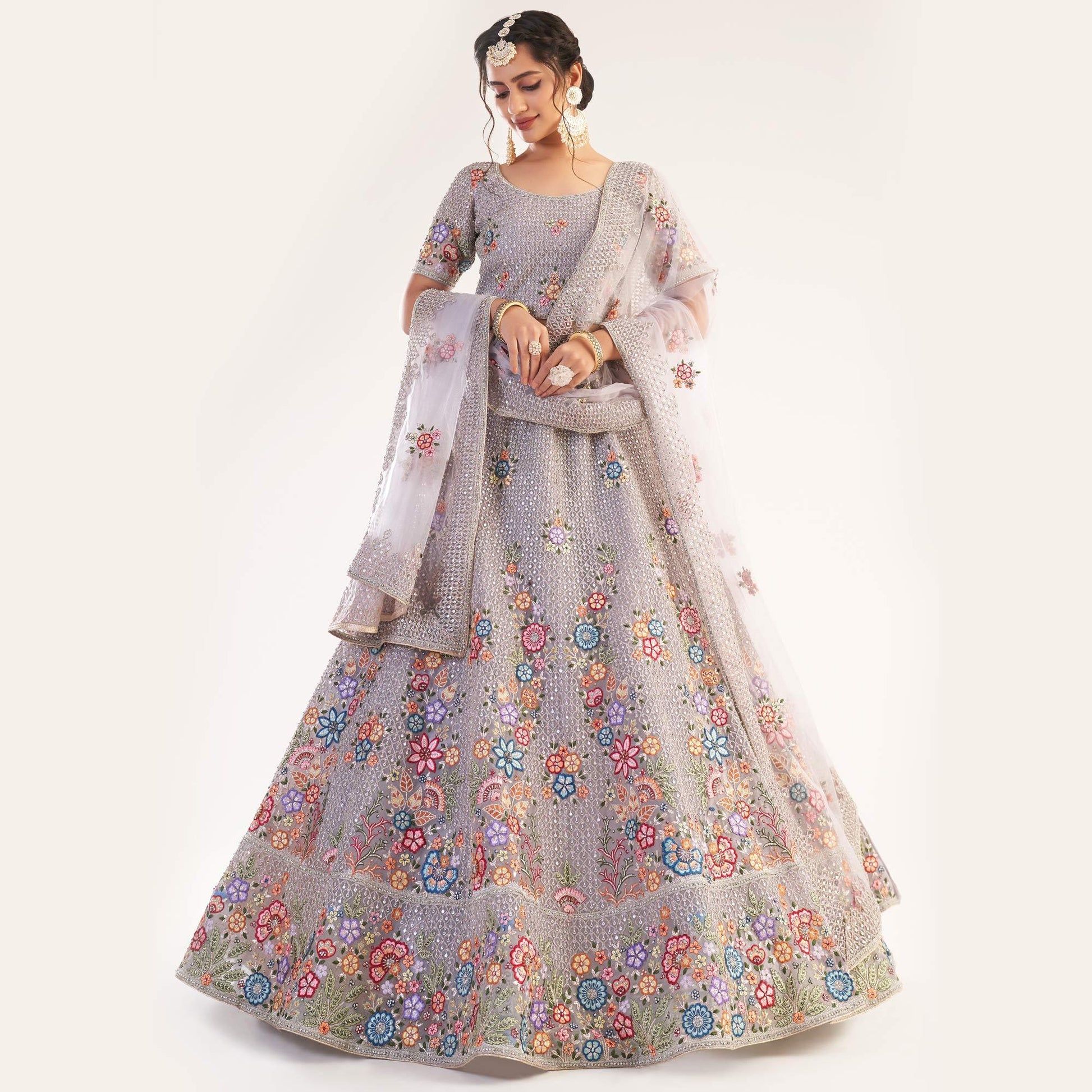 Lavender Wedding Wear Embellished Heavy Butterfly Net Lehenga Choli
