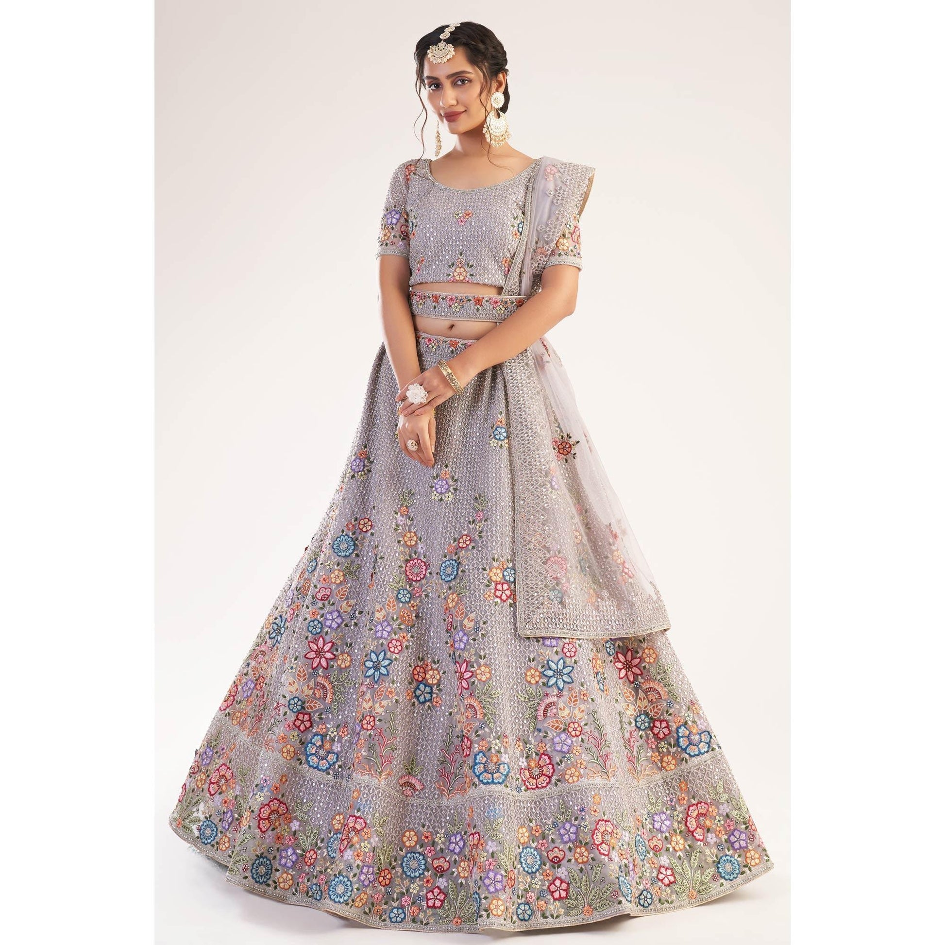 Lavender Wedding Wear Embellished Heavy Butterfly Net Lehenga Choli