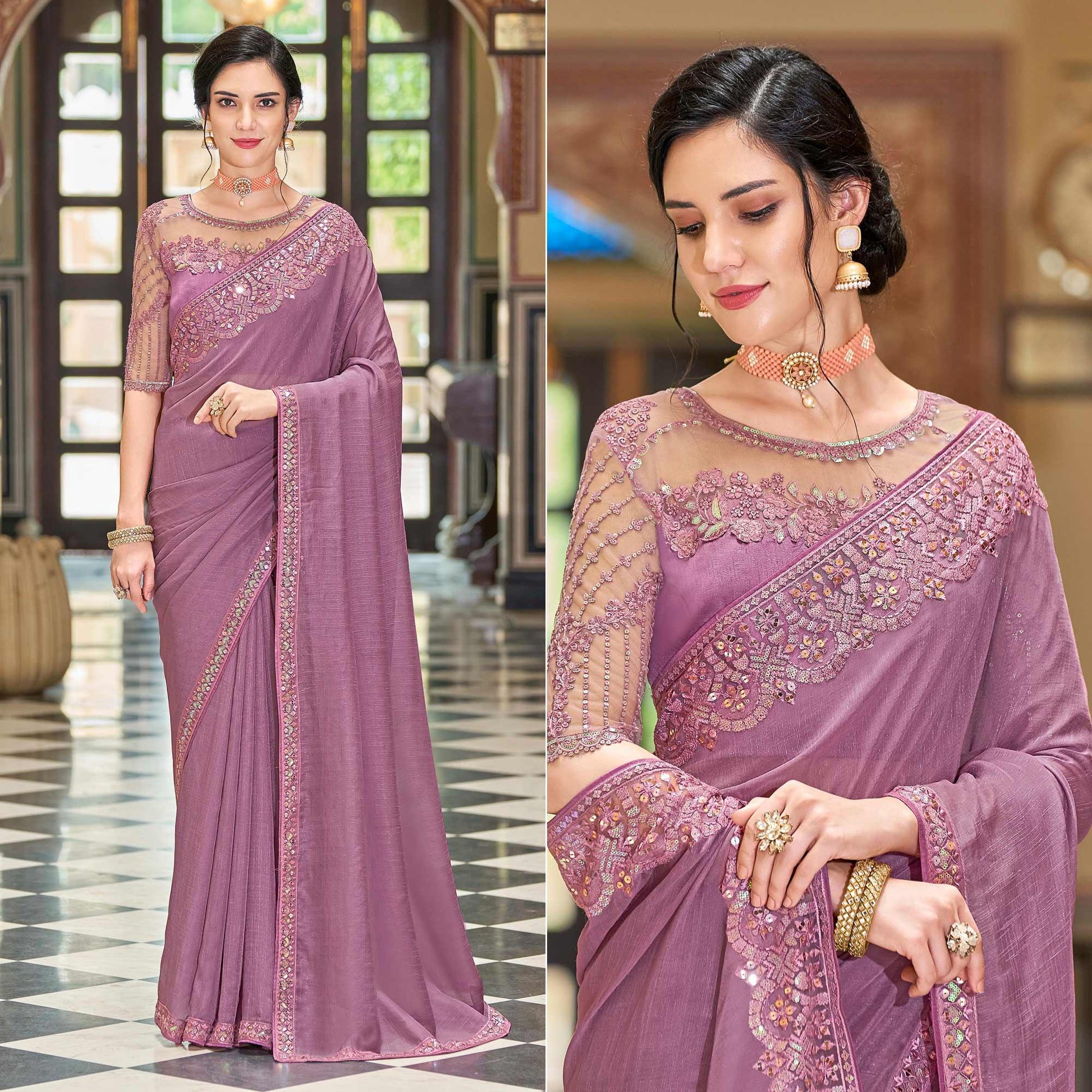 Lavendor Floral Sequins Embroidered Art Silk Saree