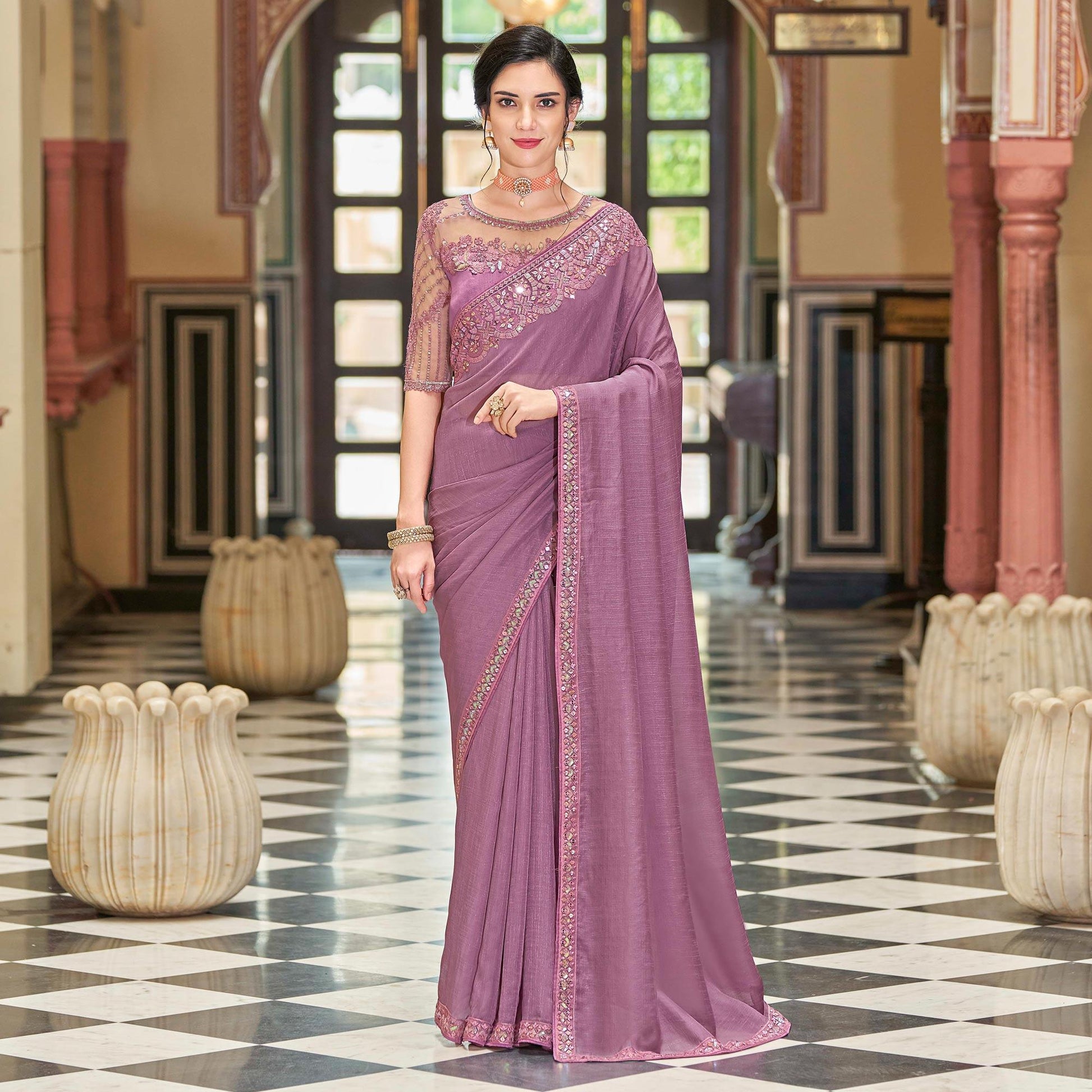 Lavendor Floral Sequins Embroidered Art Silk Saree