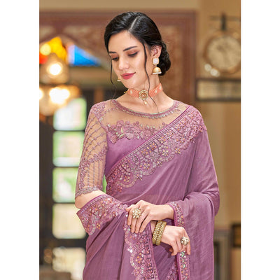 Lavendor Floral Sequins Embroidered Art Silk Saree
