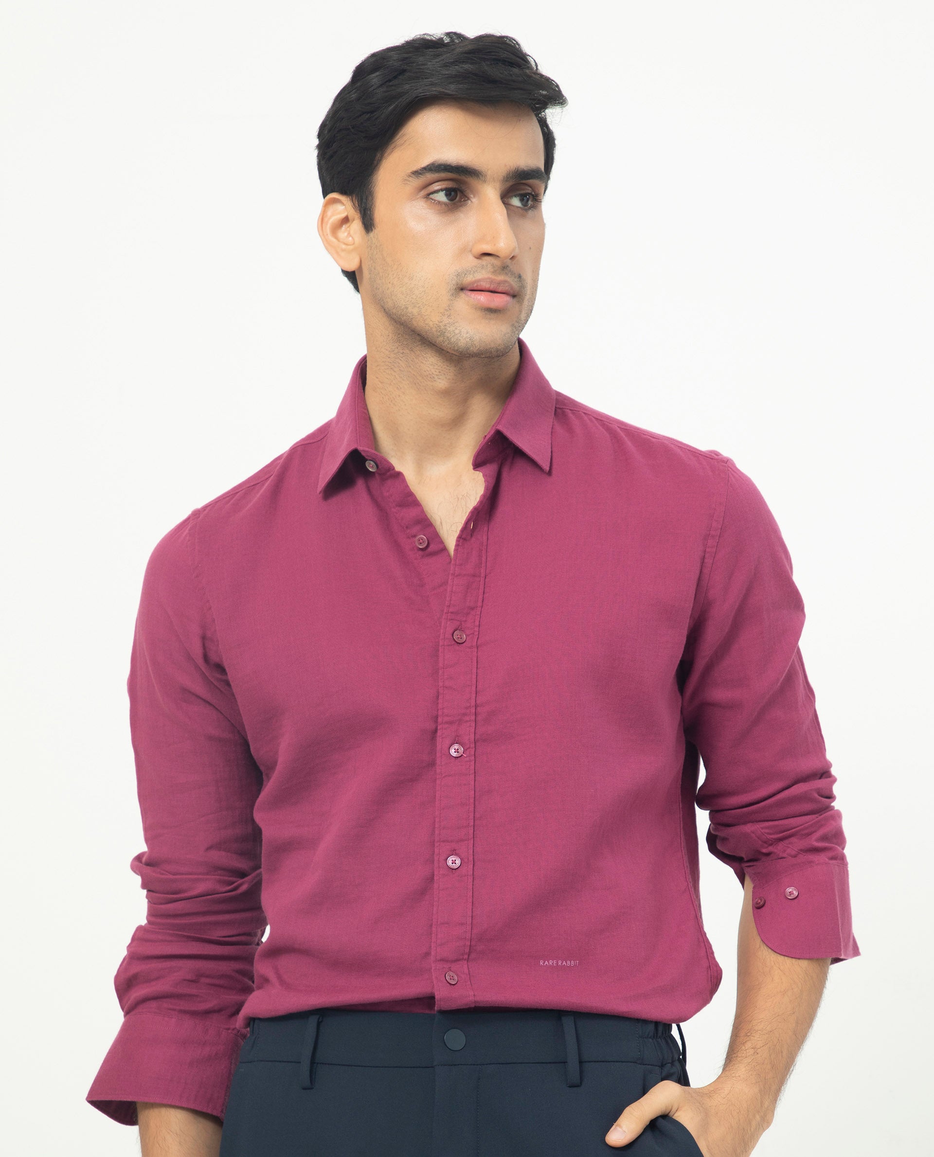 Rare Rabbit Men's Layerrs Dark Pink Cotton Fabric Full Sleeves Solid Shirt