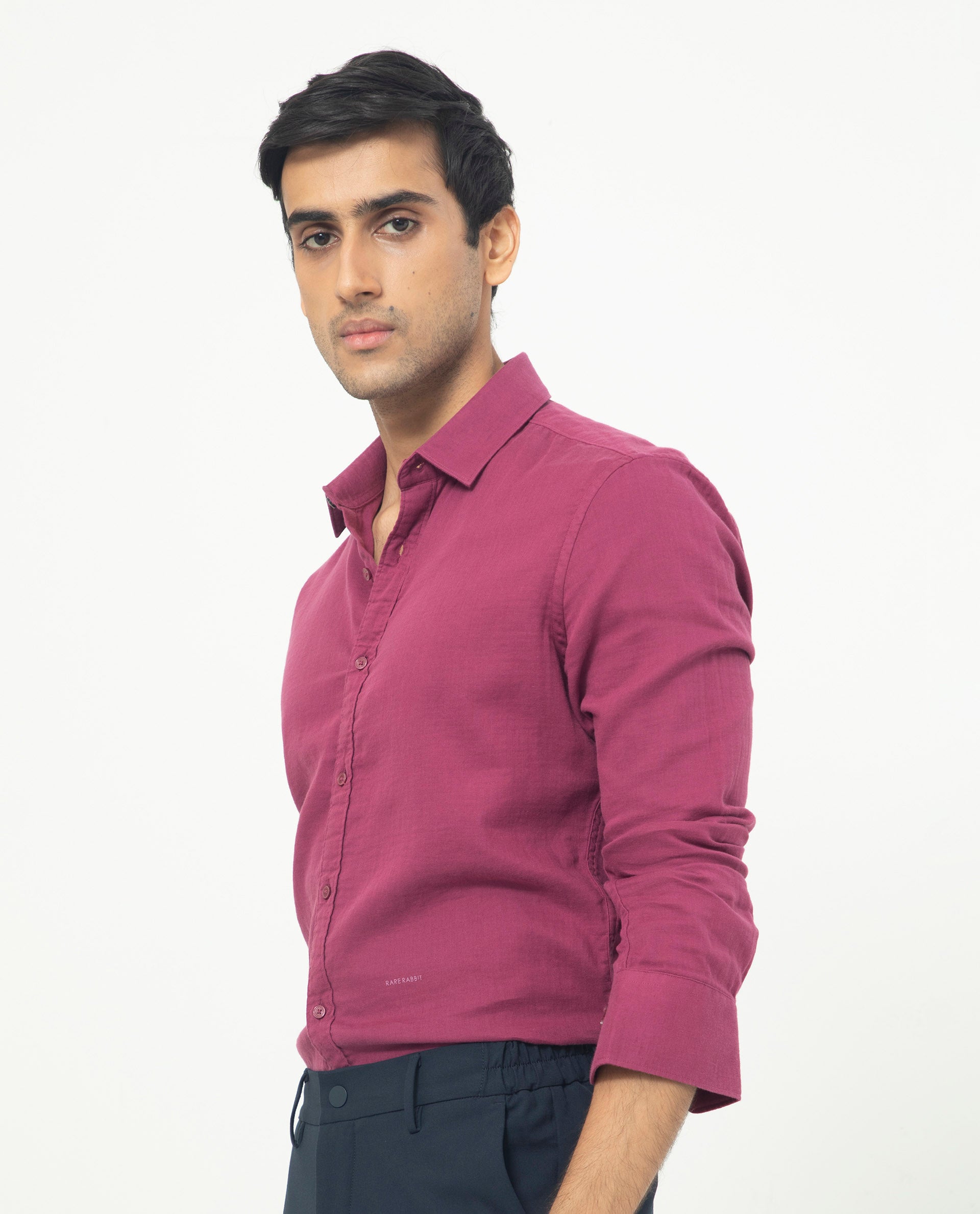 Rare Rabbit Men's Layerrs Dark Pink Cotton Fabric Full Sleeves Solid Shirt