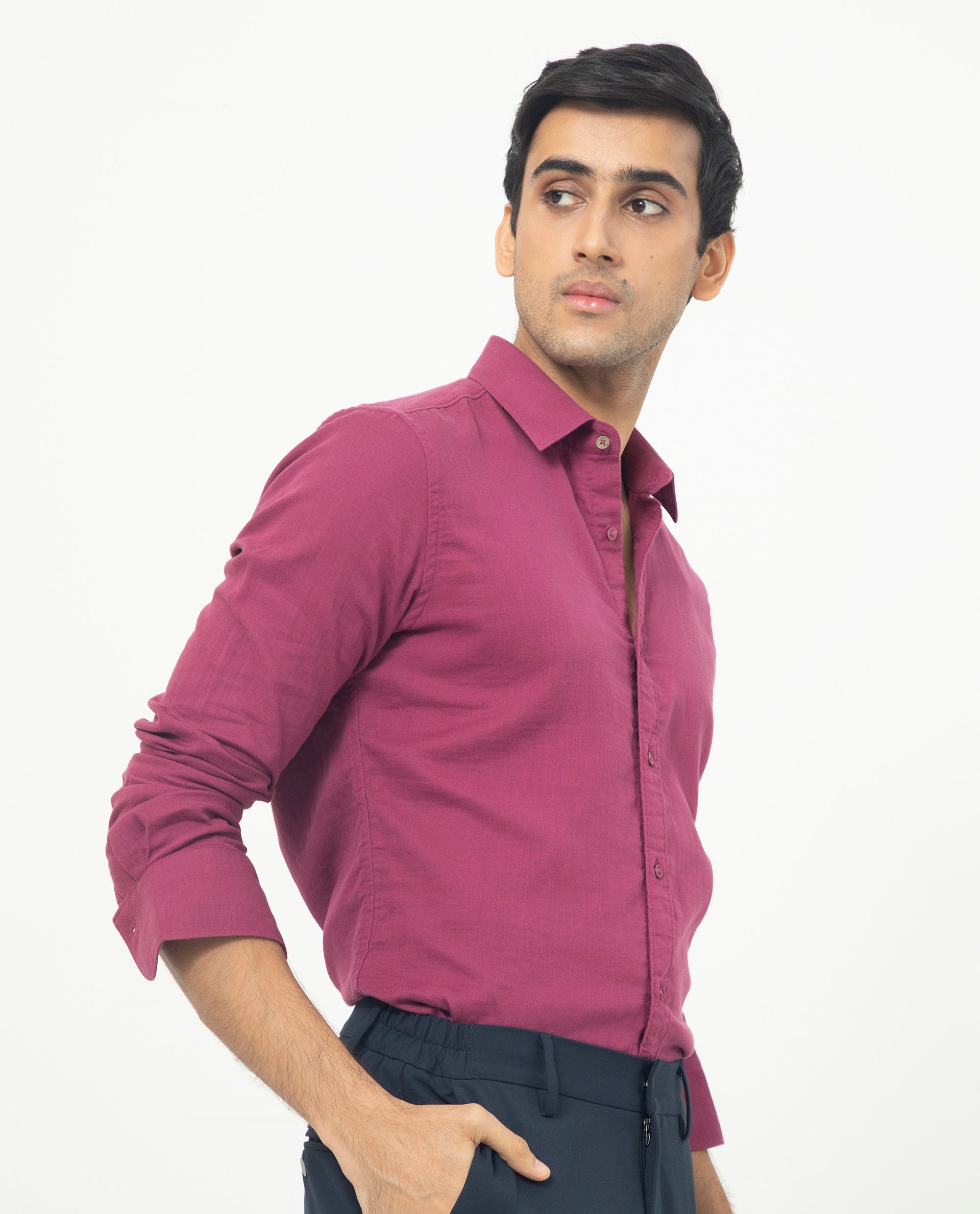 Rare Rabbit Men's Layerrs Dark Pink Cotton Fabric Full Sleeves Solid Shirt