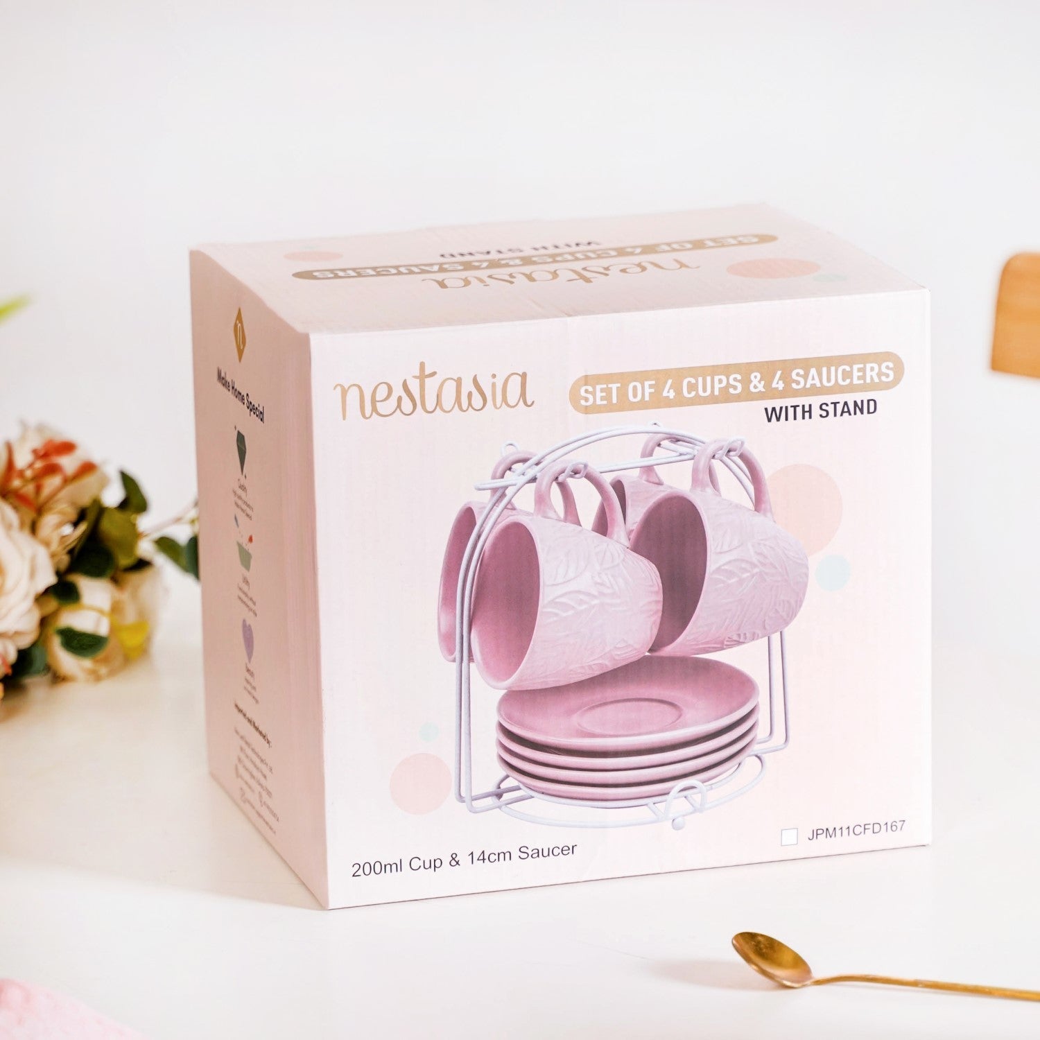 Leaf Embossed Cup And Saucer Set Of 4 With Stand 240ml