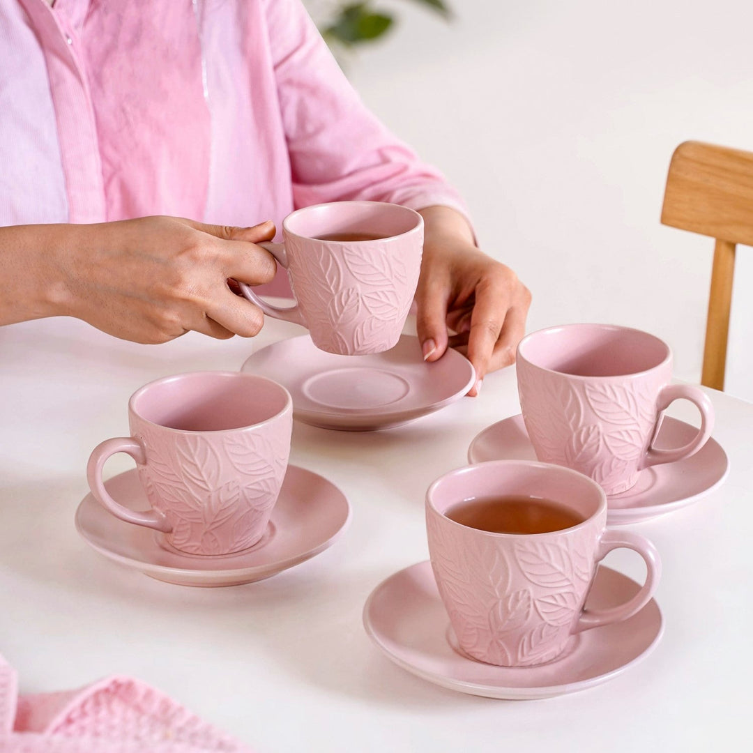 Leaf Embossed Cup And Saucer Set Of 4 With Stand 240ml