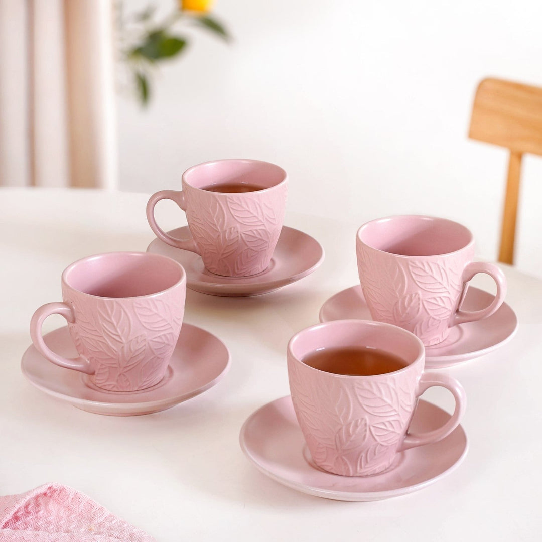 Leaf Embossed Cup And Saucer Set Of 4 With Stand 240ml