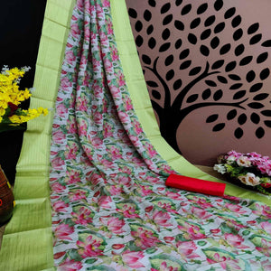 Lemon Festive Wear Floral Digital Print With Woven Border Silk Saree
