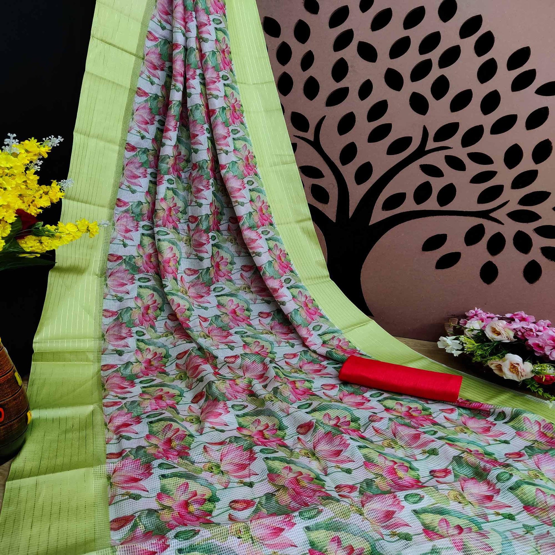 Lemon Festive Wear Floral Digital Print With Woven Border Silk Saree