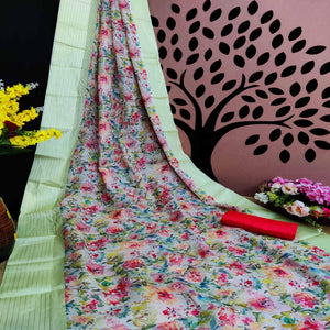 Lemon Festive Wear Floral Digital Print With Woven Border Silk Saree