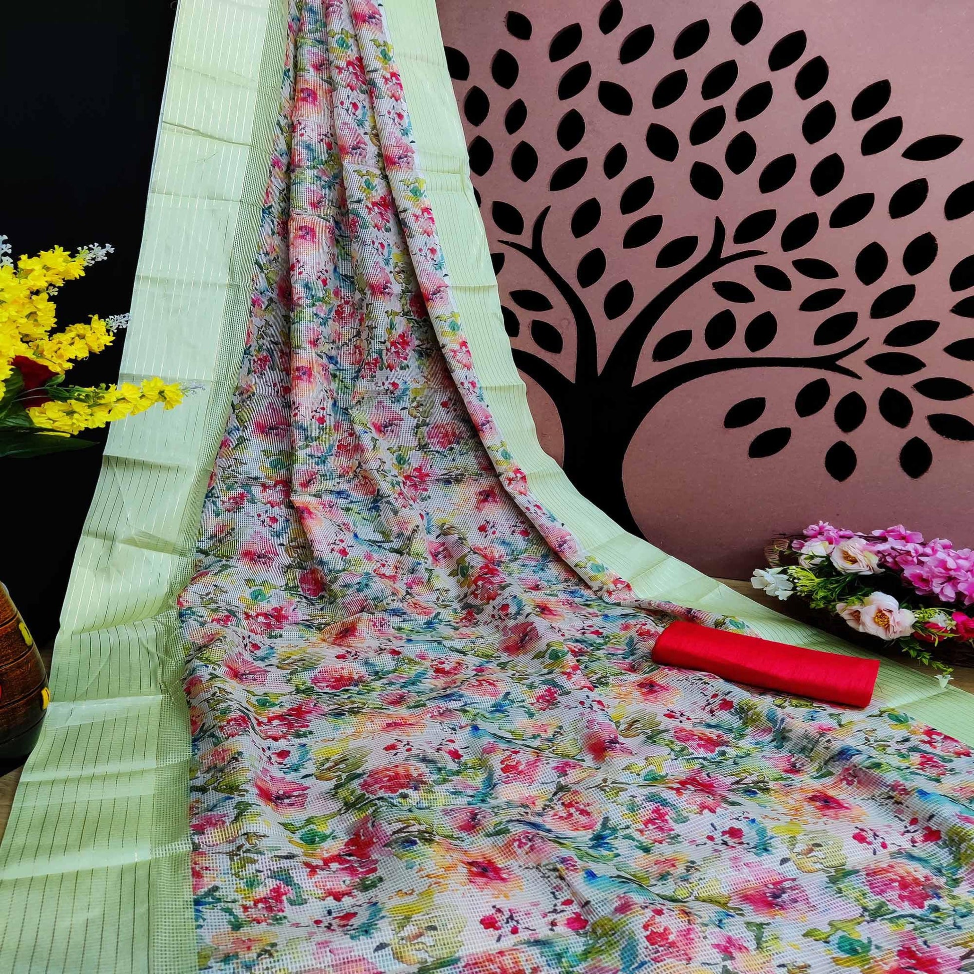 Lemon Festive Wear Floral Digital Print With Woven Border Silk Saree