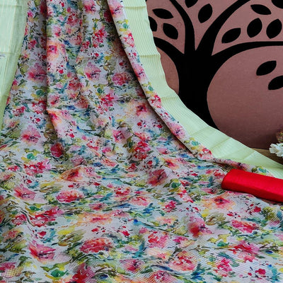 Lemon Festive Wear Floral Digital Print With Woven Border Silk Saree