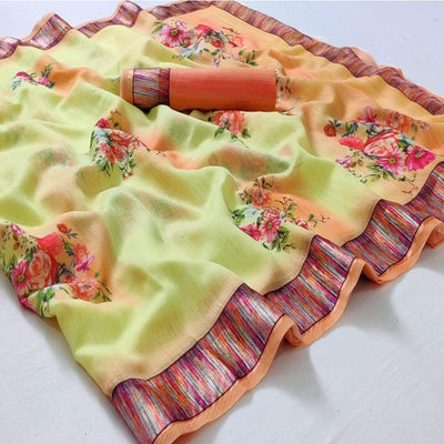 Lemon Green Casual Wear Floral Digital Printed Linen Saree