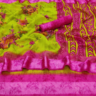 Lemon Green Casual Wear Floral Digital Printed linen Saree
