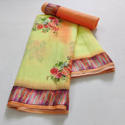 Lemon Green Casual Wear Floral Digital Printed Linen Saree