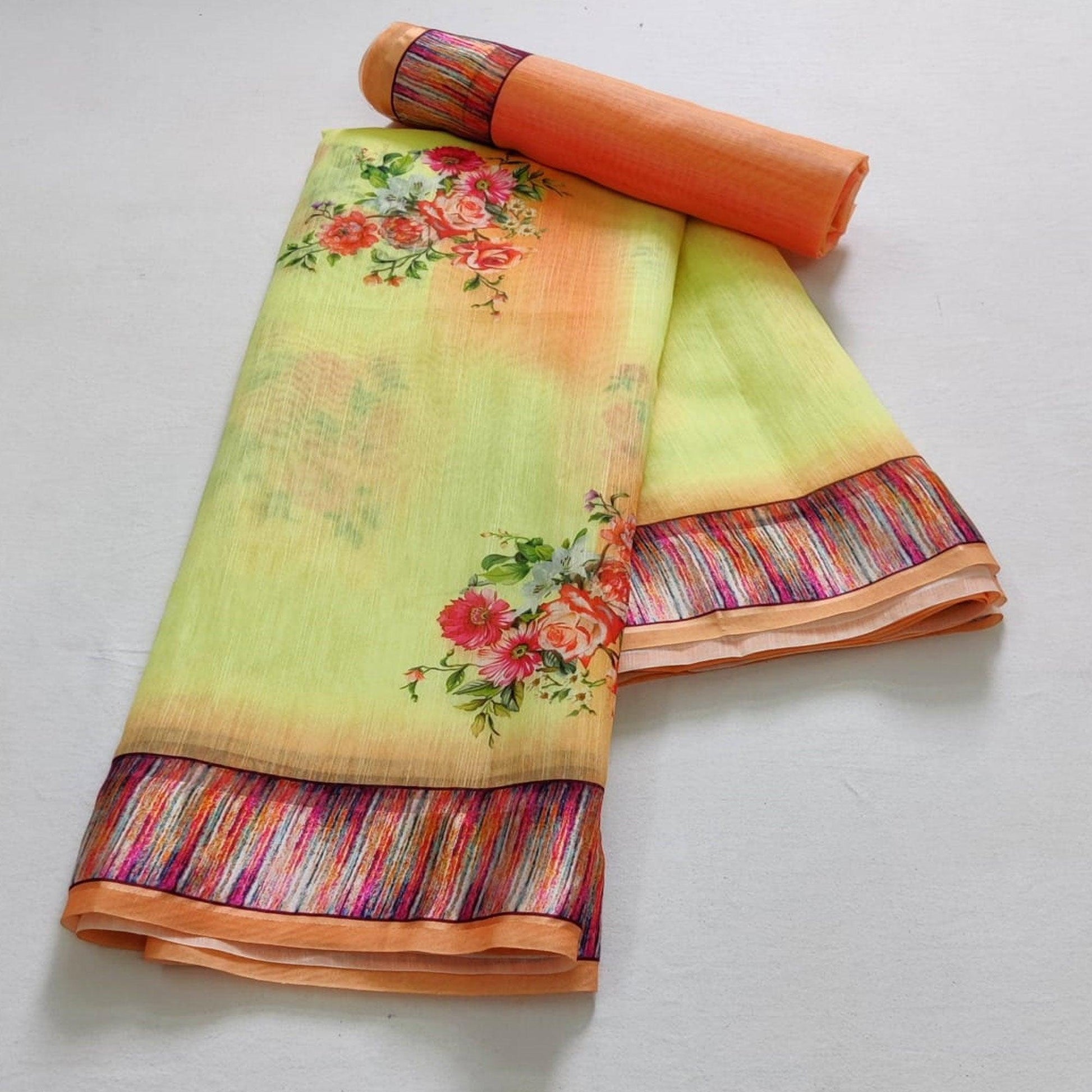 Lemon Green Casual Wear Floral Digital Printed Linen Saree