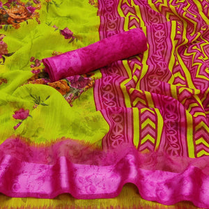 Lemon Green Casual Wear Floral Digital Printed linen Saree