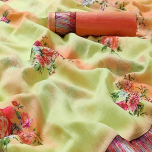 Lemon Green Casual Wear Floral Digital Printed Linen Saree