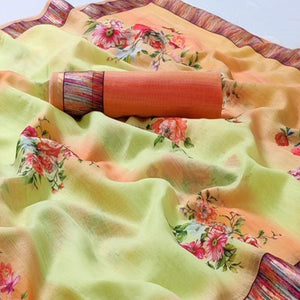 Lemon Green Casual Wear Floral Digital Printed Linen Saree
