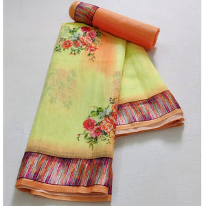 Lemon Green Casual Wear Floral Digital Printed Linen Saree