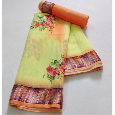 Lemon Green Casual Wear Floral Digital Printed Linen Saree